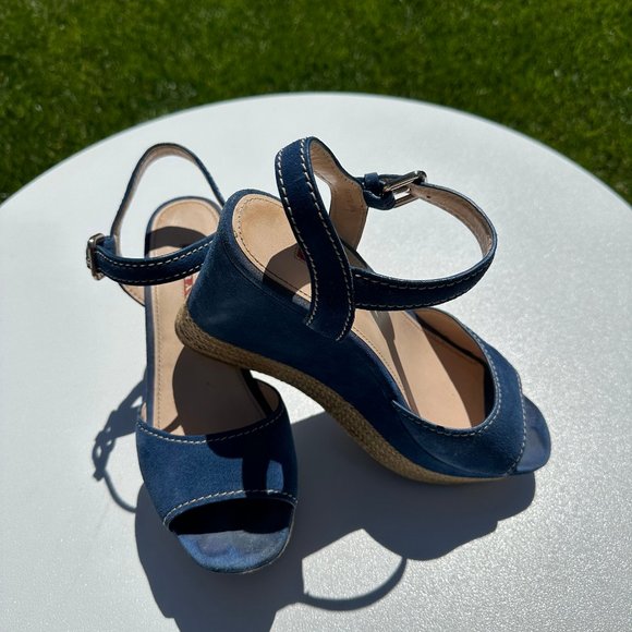 PRADA 3XZ170 Blue Suede Peep Toe Platform Wedge Espadrille Heel Sandals-39.5/9.5 - Picture 2 of 7